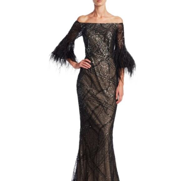 Teri Jon Rickie Freeman Sequin Overlay Formal Dress w/ Feathers Black 4 - Picture 2 of 14